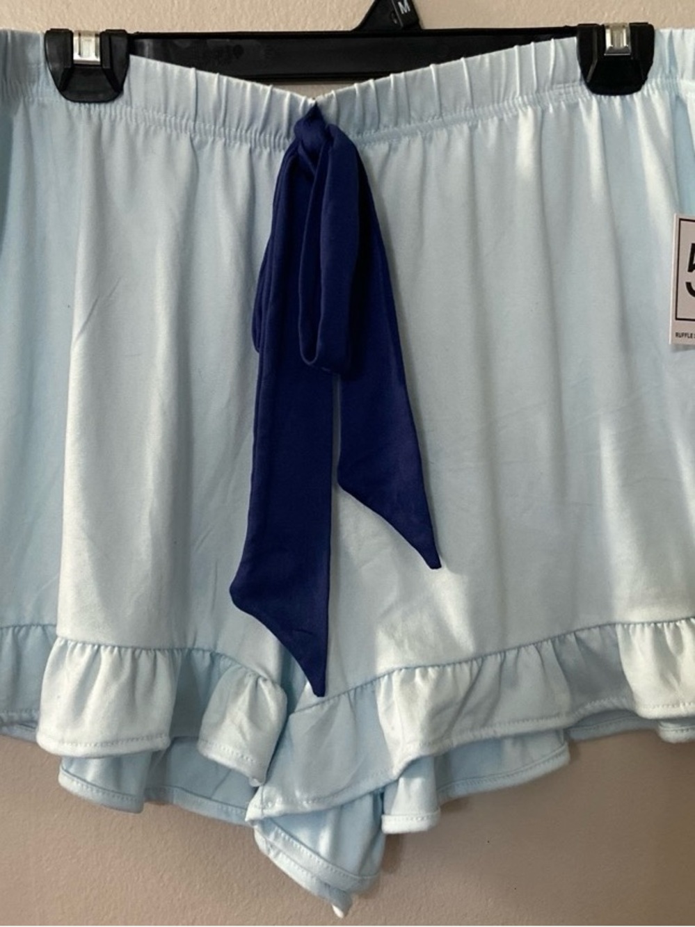 Women's Light Blue Ruffle Pajama Shorts with Navy Tie Accent